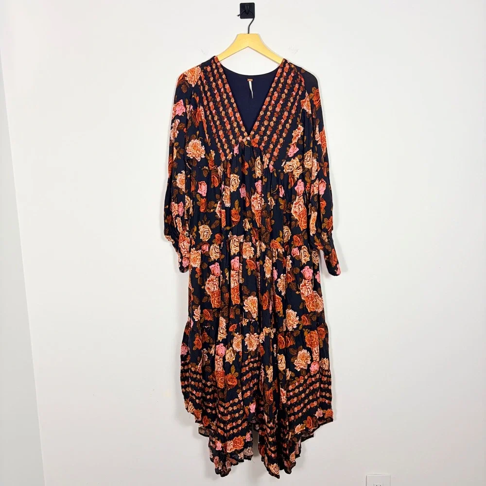 Free People Rows of Roses Maxi Dress Black‎ Ivory Floral Boho Asymmetric Hem